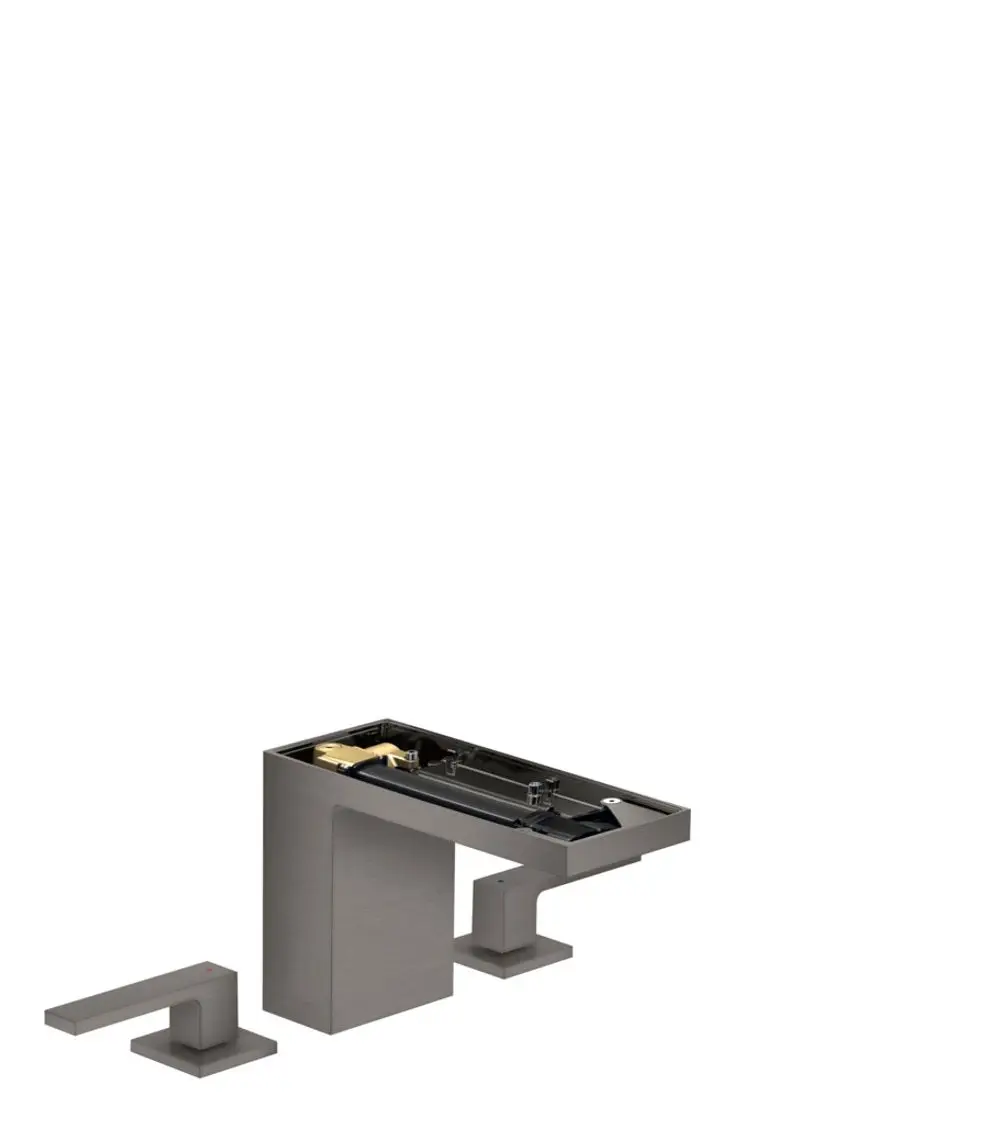 Waschtischarmatur von AXOR, 3-loch Design, in Brushed Black Chrome, bestehend aus Hauptkörper und Bedienhebel, ohne Platte, mit Push-Open Ablaufgarnitur.